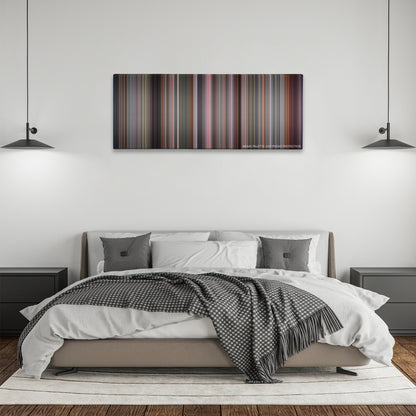 The Full Monty color palette canvas above a bed, between two black pendant lamps