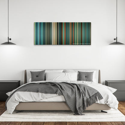 Daybreakers color palette canvas above a bed, between two black pendant lamps