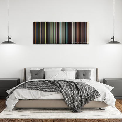 Eragon color palette canvas above a bed, between two black pendant lamps