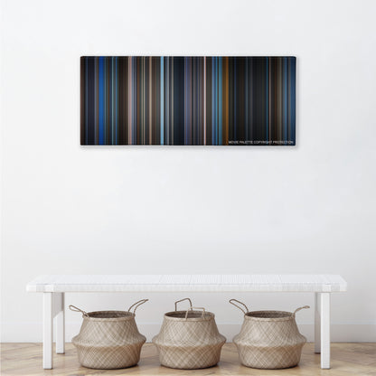 Unbreakable color palette canvas above a white bench with three woven baskets