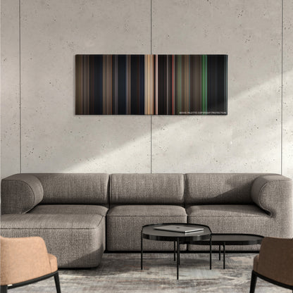 Crouching Tiger, Hidden Dragon color palette canvas on a concrete wall above a gray sectional sofa