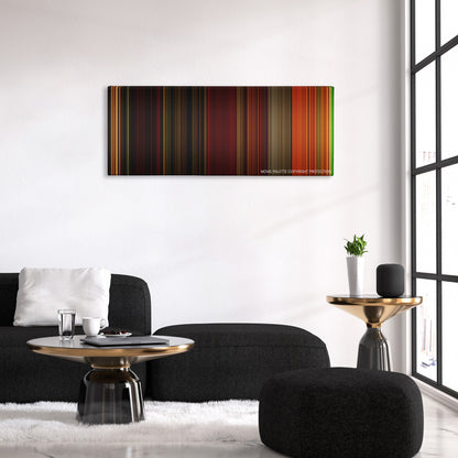 Irreversible color palette canvas above a black sofa with a gold-topped table