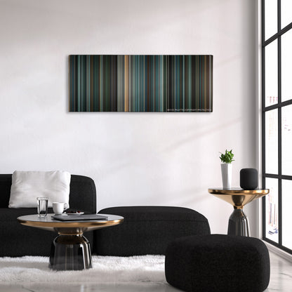 Eagle Eye color palette canvas above a black sofa with a gold-topped table