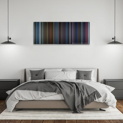 Pacific Rim color palette canvas above a bed, between two black pendant lamps