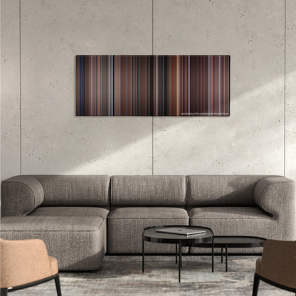 Big Trouble in Little China color palette canvas on a concrete wall above a gray sectional sofa