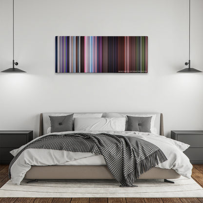 Zoolander color palette canvas above a bed, between two black pendant lamps