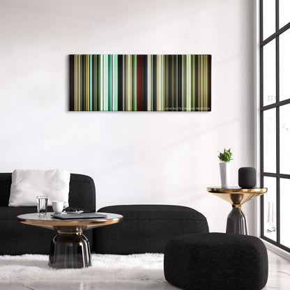Bronson color palette canvas above a black sofa with a gold-topped table