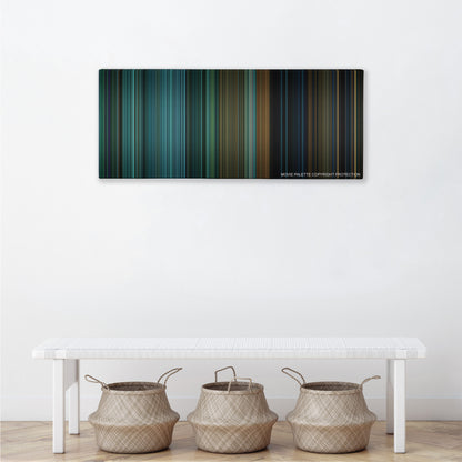 A Good Day to Die Hard color palette canvas above a white bench with three woven baskets