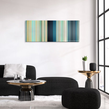 The Shallows color palette canvas above a black sofa with a gold-topped table