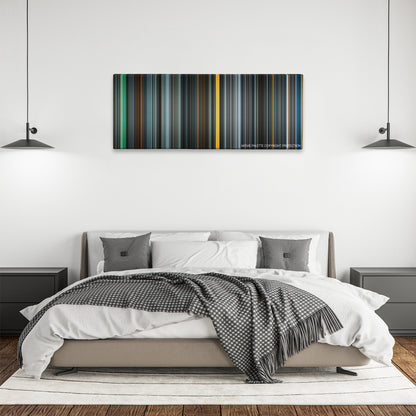 Max Payne color palette canvas above a bed, between two black pendant lamps