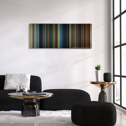 Maleficent color palette canvas above a black sofa with a gold-topped table