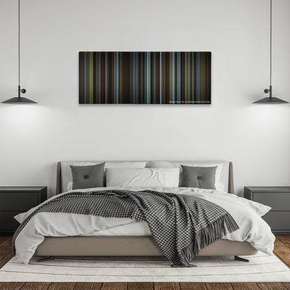 Carol color palette canvas above a bed, between two black pendant lamps
