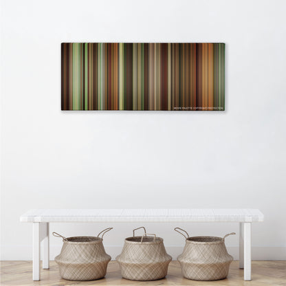 Finding Neverland color palette canvas above a white bench with three woven baskets
