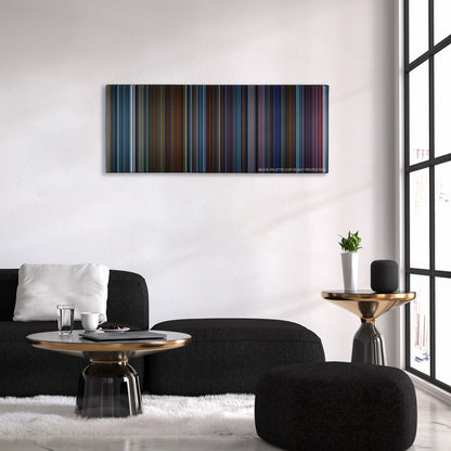 Pacific Rim color palette canvas above a black sofa with a gold-topped table