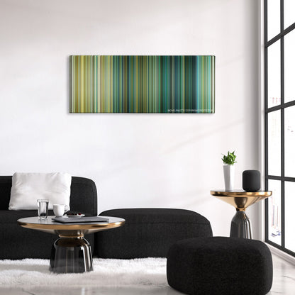 13 Hours color palette canvas above a black sofa with a gold-topped table