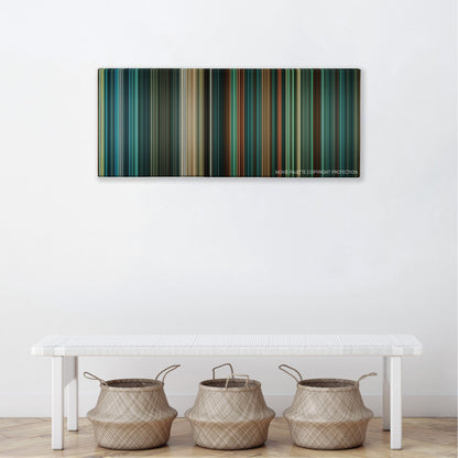 Daybreakers color palette canvas above a white bench with three woven baskets