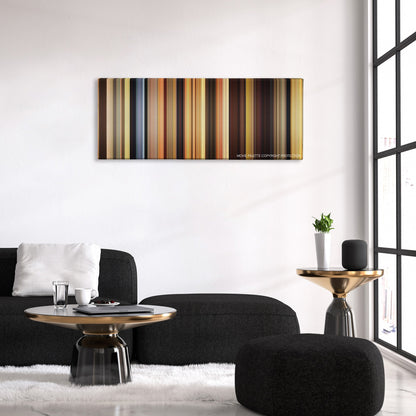 Blended color palette canvas above a black sofa with a gold-topped table