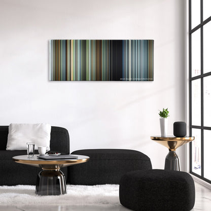 The Walk color palette canvas above a black sofa with a gold-topped table