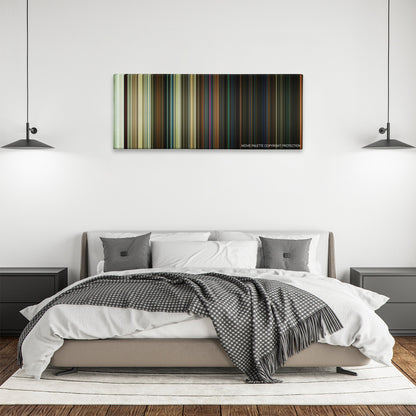 Halloween color palette canvas above a bed, between two black pendant lamps
