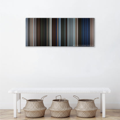 Pirates of the Caribbean: The Curse of the Black Pearl color palette canvas above a white bench with three woven baskets