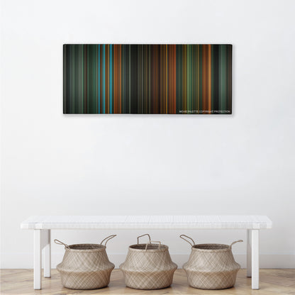 Sucker Punch color palette canvas above a white bench with three woven baskets