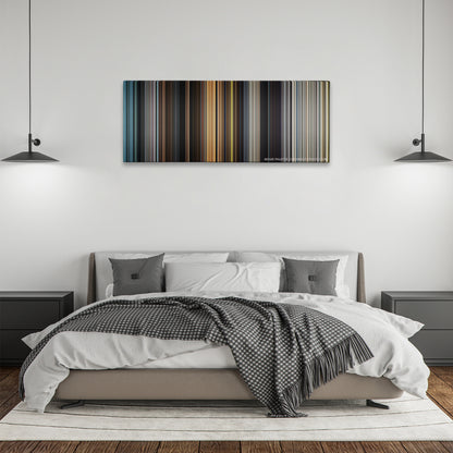 Avengers: Age of Ultron color palette canvas above a bed, between two black pendant lamps