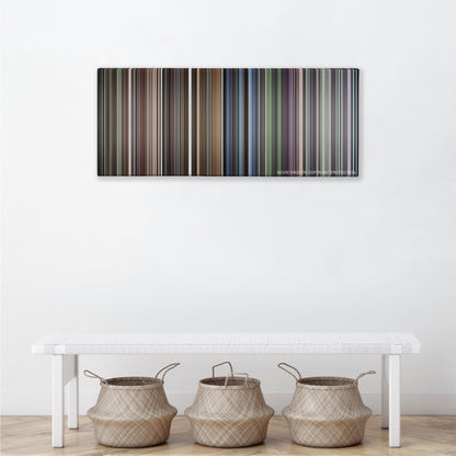 Requiem for a Dream color palette canvas above a white bench with three woven baskets