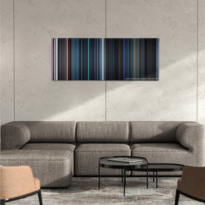 Ghost in the Shell color palette canvas on a concrete wall above a gray sectional sofa