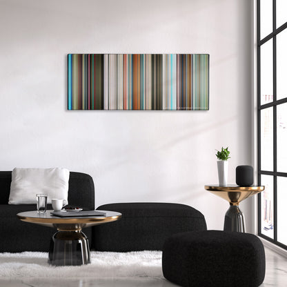 The Hitchhiker's Guide to the Galaxy color palette canvas above a black sofa with a gold-topped table