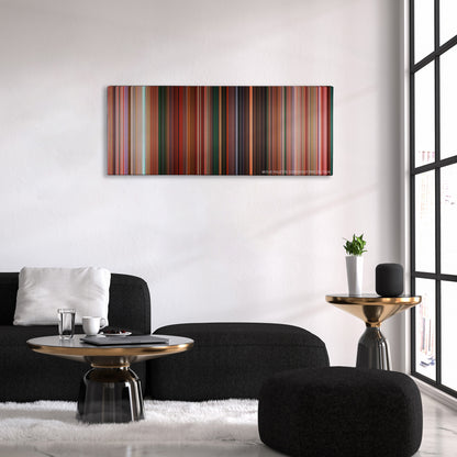 Sausage Party color palette canvas above a black sofa with a gold-topped table