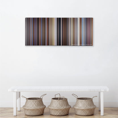 Raising Arizona color palette canvas above a white bench with three woven baskets