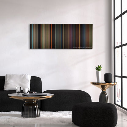 Percy Jackson & the Olympians: The Lightning Thief color palette canvas above a black sofa with a gold-topped table