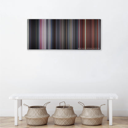 Rush Hour 2 color palette canvas above a white bench with three woven baskets