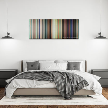 The Bounty Hunter color palette canvas above a bed, between two black pendant lamps