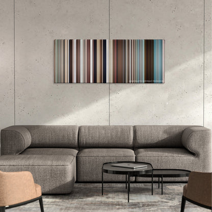 Australia color palette canvas on a concrete wall above a gray sectional sofa