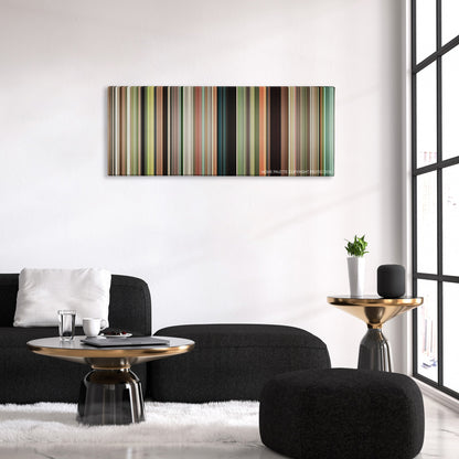 Safety Not Guaranteed color palette canvas above a black sofa with a gold-topped table