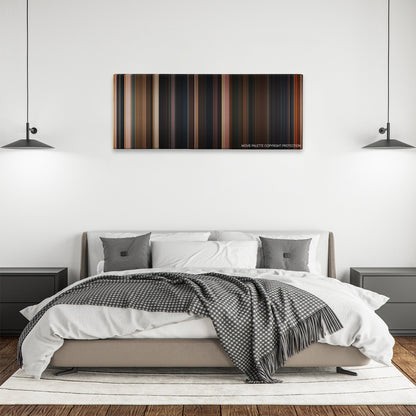 The Watch color palette canvas above a bed, between two black pendant lamps