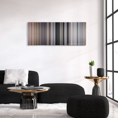Cliffhanger color palette canvas above a black sofa with a gold-topped table