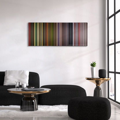 Grindhouse color palette canvas above a black sofa with a gold-topped table