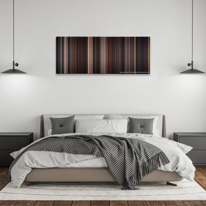 Chicken Run color palette canvas above a bed, between two black pendant lamps