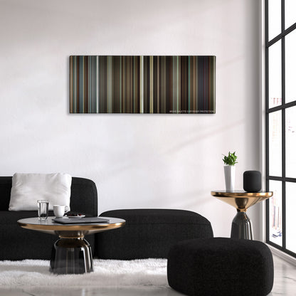 Flight color palette canvas above a black sofa with a gold-topped table