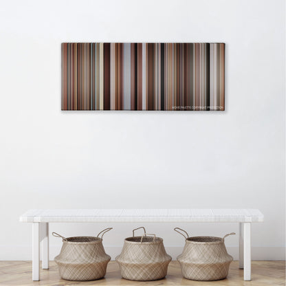 The Firm color palette canvas above a white bench with three woven baskets