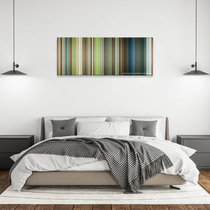 Johnny English Reborn color palette canvas above a bed, between two black pendant lamps