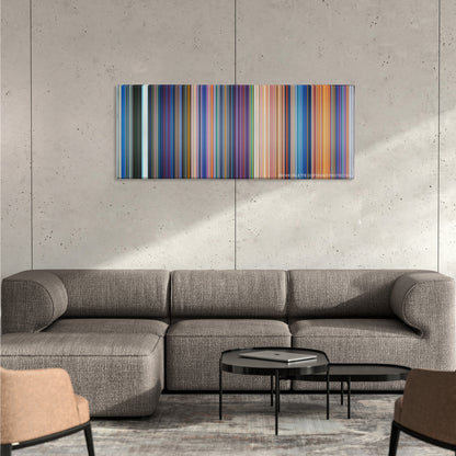 The Little Mermaid color palette canvas on a concrete wall above a gray sectional sofa