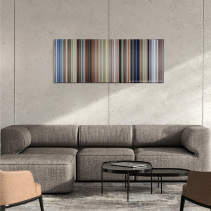 50 First Dates color palette canvas on a concrete wall above a gray sectional sofa