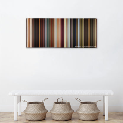 The Croods color palette canvas above a white bench with three woven baskets