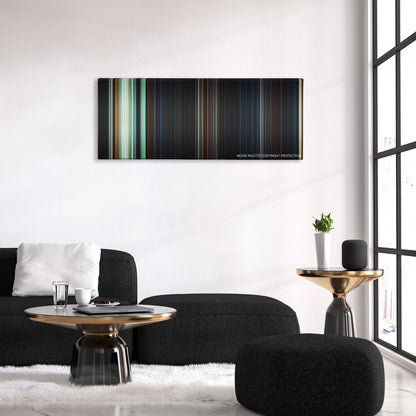 The Nun color palette canvas above a black sofa with a gold-topped table