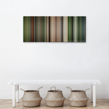 Apocalypto color palette canvas above a white bench with three woven baskets