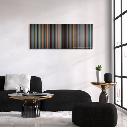 Tower Heist color palette canvas above a black sofa with a gold-topped table