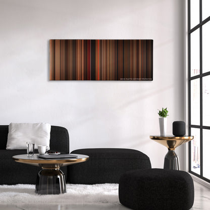 Gone with the Wind color palette canvas above a black sofa with a gold-topped table